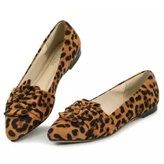 Sapatos baixos com estampa leopardo para mulheres, nó borboleta, dedo apontado, salto baixo, mocassins casuais, calçado de caminhada