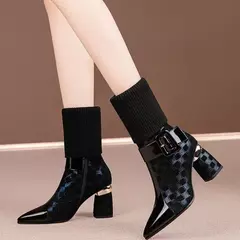 Botas femininas de salto alto, sapatos femininos, salto grosso, tecido elástico, zíper, moda feminina, inverno, novo, 2023