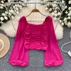 Blusa feminina plissada com pescoço quadrado, streetwear coreano, básico chique, streetwear casual, vintage sexy, manga lanterna, rua alta, outono, inverno
