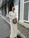 Elegante vestido de malha de manga comprida feminino, gola redonda, vestes finas brancas, vestidos de festa femininos, moda feminina, verão, outono, novo, 2022