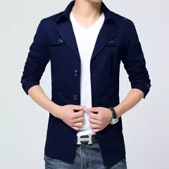 Trench coat masculino de algodão puro, blusão azul, sobretudo longo e fino, gola virada para baixo, jaqueta casual, New Wash, outono - loja online