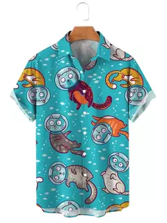 Camisa havaiana dos desenhos animados de anime masculino, Tops de manga curta, roupas casuais masculinas, rua, animais, gatos, retrô, 3D Tees, verão - comprar online