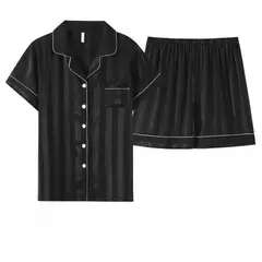 Conjunto de pijama de seda fino masculino, manga comprida e calça curta, pijama, calça para dormir