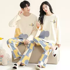 Conjunto pijama coreano de algodão masculino e feminino, pijama casual loungewear, roupa de casa outono - Wolf Magazine