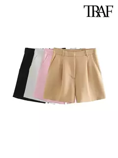 TRAF-Bermudas de cintura alta para mulheres, bolsos laterais, dardos dianteiros, vintage, com zíper, calças curtas femininas, moda - loja online