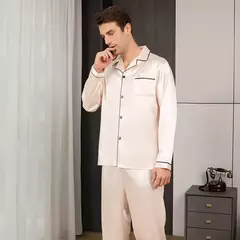 Conjunto de pijama com cardigã de manga comprida masculino, monocromático, lapela, casual, roupa de casa simples, pijamas, plus size, juventude, outono, inverno, 2 peças, conjunto