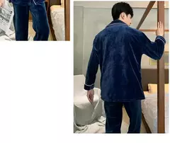 Pijama de flanela espessa de manga comprida forrado de lã quente masculino, pijama caseiro casual para jovens, inverno