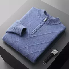Suéter de cashmere tricotado masculino, pulôver meia gola alta, blusa casual engrossa, cor sólida, roupas de outono e inverno 100% lã - loja online