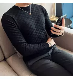 Outono inverno estiramento jacquard tecido o-pescoço camisola waffle masculina ajuste fino manga longa pullovers de malha casual streetwear homme - comprar online