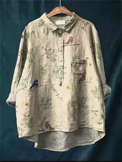 Sardinha de peixe retrô casual feminina arte camisa de bolso manga longa, camisas estampadas estilo havaiano, tops com gola v, verão - Wolf Magazine
