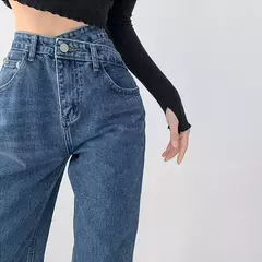 Jeans vintage drapejado de cintura alta feminino, calças de perna reta, jeans drapejado solto
