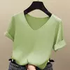 Blusa feminina de malha com decote v, camisa manga curta, tops verão 2022