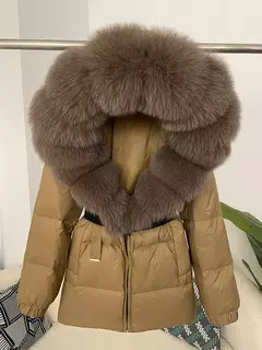 Oftbuy 2024 jaqueta de inverno feminina gola de pele de raposa natural real com capuz grosso quente 90% pato branco para baixo casaco feminino streetwear casual - Wolf Magazine