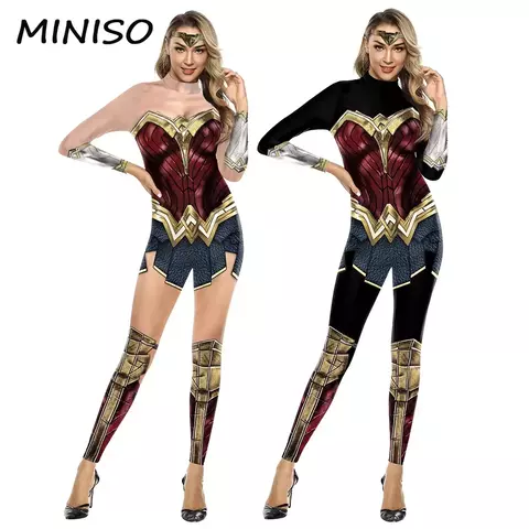 Miniso cosplay filme mulher maravilha traje festa de halloween impressão sexy macacão desempenho palco zentai bodysuit roupas femininas