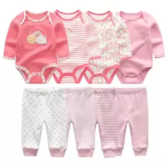 Conjunto de calças e bodysuits de algodão de manga comprida para meninos e meninas, roupas unissex para primavera e outono, 8 peças por lote