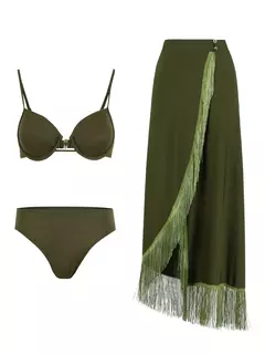 Conjunto de biquíni de três peças, sutiã acolchoado, borla, saia de praia de cintura alta, maiô de verão, moda sexy, monocromático - loja online