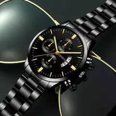 Relógio de pulso de quartzo para homens, Relógios pretos com calendário, Relógio de negócios, Moda luxuosa