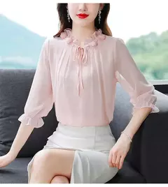 Chiffon blusa com gola pétala para as mulheres, blusa solta e casual, meia manga, gravata borboleta, nova moda, primavera verão, tamanho m a 4xl, 2024