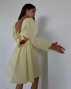 Imagem do Vestido sem encosto sexy feminino com gola quadrada francesa, vestido bowknot, manga comprida solta, doce mini vestidos de festa, monocromático, novo, outono, 2024