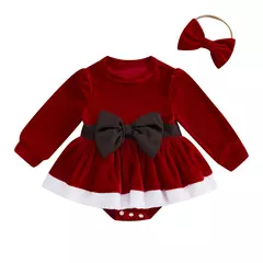 MISOWMNJOY-Romper de veludo com bowknot para bebês, vestido de festa de Natal, roupas recém-nascidas, macacão de manga comprida