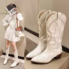 Botas de bezerro ocidentais bordadas para mulheres, saltos quadrados cowboy, dedo apontado, sapatos de plataforma, plus size 42