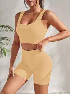Imagem do Terno de Yoga Esportivo de Secagem Rápida para Mulheres, Fitness Wear, Rosqueado, Shorts Apertados, Roupas de Treino Apertadas, Pêssego, Clássico