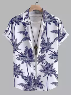 Camisa de lapela masculina de manga curta, estilo havaiano, padrão tropical de coqueiro, tops grandes, férias de verão - comprar online
