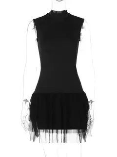 Mini vestido feminino de retalhos de malha preta sem mangas, vestidos de baile, bodycon sexy, slim festa streetwear, verão, 2024 - loja online