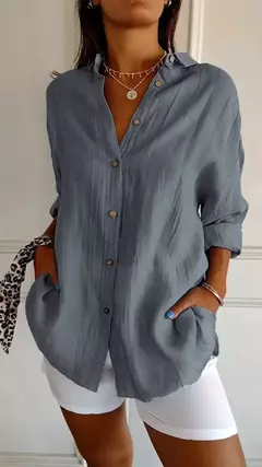 Imagem do Camisa casual de algodão de linho, top de lapela, gola V, solta, monocromática, escritório, retrô, verão, moda, 2024