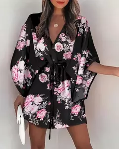 Mini vestido solto com cordão feminino, manga de batwing, botão sexy, gola V, cobertura de festa, estampa moda praia, verão - loja online