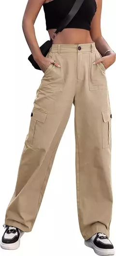 Calças cargo de algodão de cintura alta feminina, calça casual, perna larga, carga, verão, novo, 2023 na internet
