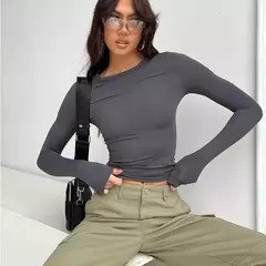Camisetas casuais de manga comprida femininas, streetwear feminino, camiseta de base, pulôveres, tops slim fit, monocromáticas, primavera, outono - loja online
