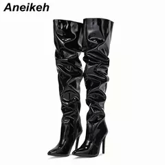 Aneikeh-Botas Chelsea de couro acima do joelho para mulheres, salto alto fino, zíperes laterais, sapatos femininos sexy, saltos sólidos, na moda - comprar online