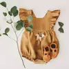 Romper com babados para menina, romper sem mangas, algodão e tecido de linho para recém-nascido, roupas de verão
