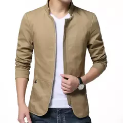 Blazer casual masculino com gola de suporte, jaqueta de negócios elegante, casaco monocromático com bolsos de zíper fino e fino, primavera e outono - comprar online