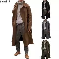 Jaqueta vintage de gola virada para baixo masculina, casacos longos, roupas casuais misturadas, lavável, simples, quente, Inverno, 2024