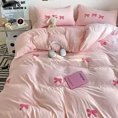 Imagem do Cute Pink Bows Embroidery Duvet Cover Set, Conjuntos de cama 3D Confortável Rainha Consolador, capas macias para meninas, crianças, adolescentes