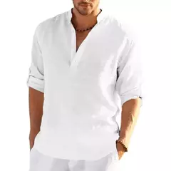 Camiseta de linho manga comprida masculina, monocromática, solta, casual, respirável, camisas de algodão, streetwear leve, designer, nova