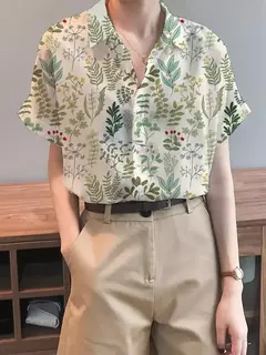 Camisa feminina colorida em 3D com estampa floral, tops de manga curta, botão, gola elegante, primavera e outono, 2024 - comprar online