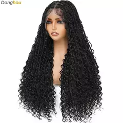Donghou 24 ''Boho Caixa Trança Perucas Bordadas Bohemian Trança Perucas Knotless Parte Quadrada Trançada Peruca de Renda Pré Arrancada com Cabelo de Bebê