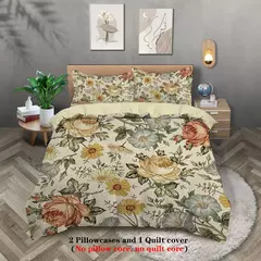 Imagem do Retro Floral Padrão Impresso Bedding Set, Adequado para Mulheres Quarto, Queen, King, Twin Bed, 1 capa de edredão, 2 fronha, 3pcs