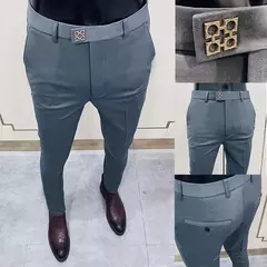 Calças justas de estiramento formal masculinas, calças casuais, roupa de cor sólida, calças de terno fashion - comprar online