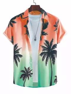 Camisa de lapela masculina de manga curta, estilo havaiano, padrão tropical de coqueiro, tops grandes, férias de verão - comprar online