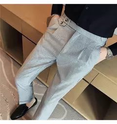 Calça formal de botão de cintura alta estilo britânico masculina, terno casual empresarial, calça de escritório, monocromática, alta qualidade, nova, primavera - Wolf Magazine