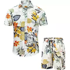 Conjunto de camisa de praia casual de verão para homens, manga curta, estilo havaiano, estampado, shorts, design com cordão, moda, roupas masculinas - Wolf Magazine