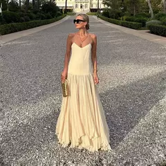 Imagem do Mulheres malha plissada bainha patchwork vestido maxi, decote em v, sem costas, sem mangas, roupinhas, sexy, praia, rua alta, moda, 2024