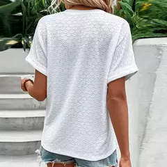 Blusa feminina com botão monocromático com decote em v, camisas soltas, manga curta, tops femininos grandes, blusa jacquard casual, verão, nova moda, 2023