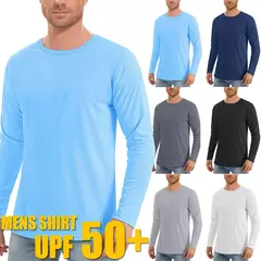 Imagem do Camiseta com protetor solar UV masculina, manga comprida, gola redonda, caminhada ao ar livre, pesca, tops de secagem rápida, cor sólida, UPF50 +