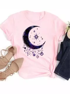 Camiseta feminina casual de manga curta com gola redonda, streetwear feminina, tops vintage, camiseta Maycaur, estampada com planeta lunar, moda camisetas