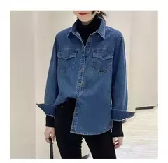 Camisa jeans azul retrô feminina, camisa de manga comprida, jaqueta jeans de peito único, camisas monocromáticas, novo design, outono, 2024 na internet